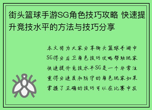 街头篮球手游SG角色技巧攻略 快速提升竞技水平的方法与技巧分享